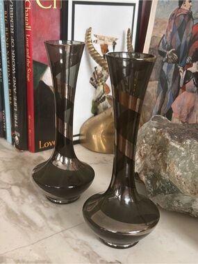 1970’s Enesco Smoky Gray and Silver Glass Bud Vases - Pair